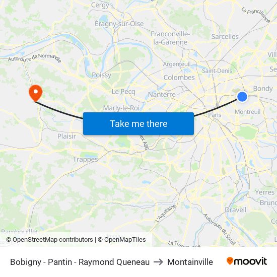 Bobigny - Pantin - Raymond Queneau to Montainville map