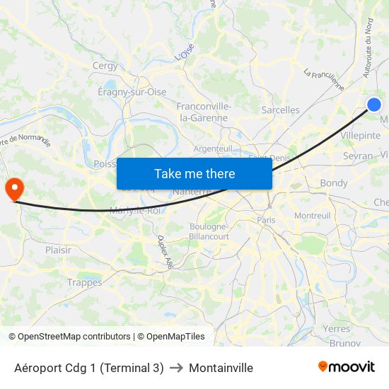 Aéroport Cdg 1 (Terminal 3) to Montainville map