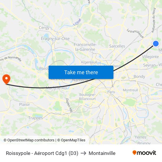 Roissypole - Aéroport Cdg1 (D3) to Montainville map