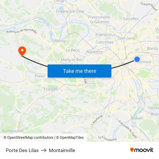 Porte Des Lilas to Montainville map