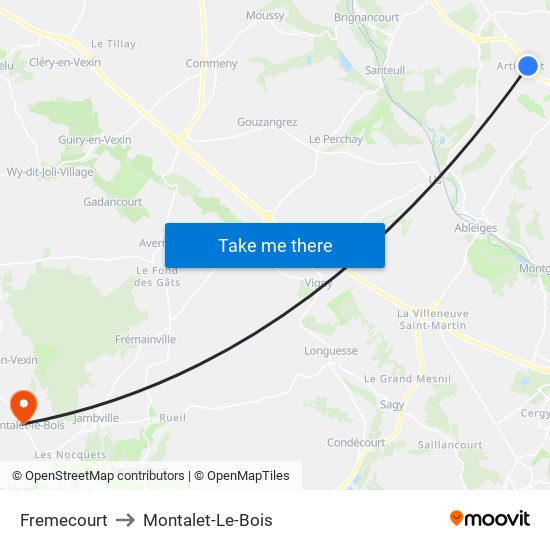 Fremecourt to Montalet-Le-Bois map