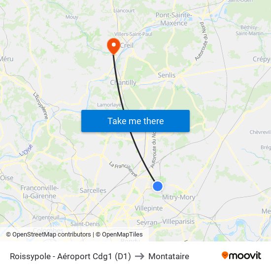 Roissypole - Aéroport Cdg1 (D1) to Montataire map
