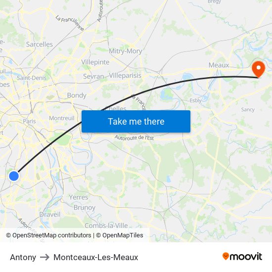Antony to Montceaux-Les-Meaux map
