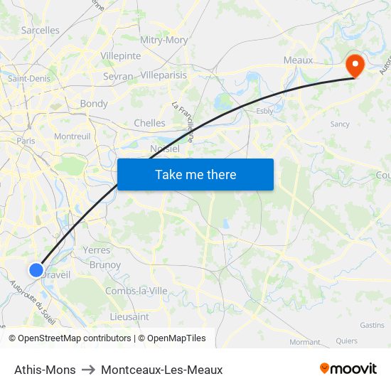 Athis-Mons to Montceaux-Les-Meaux map