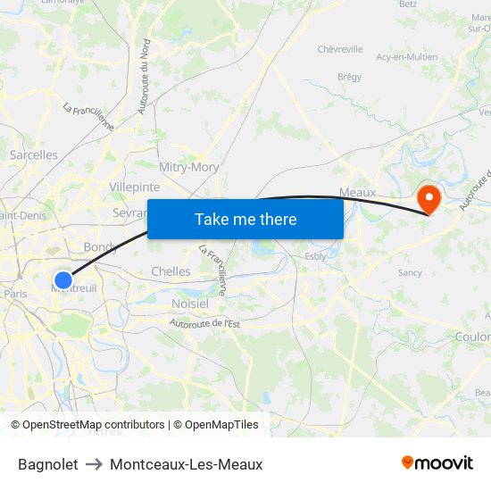 Bagnolet to Montceaux-Les-Meaux map