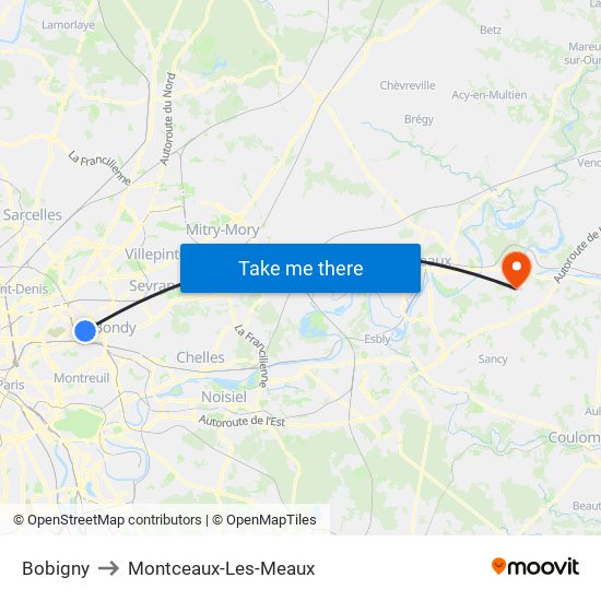 Bobigny to Montceaux-Les-Meaux map