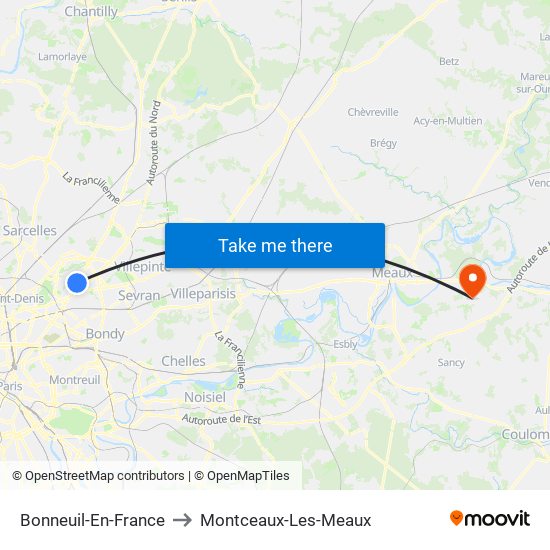 Bonneuil-En-France to Montceaux-Les-Meaux map