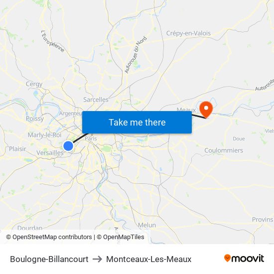 Boulogne-Billancourt to Montceaux-Les-Meaux map