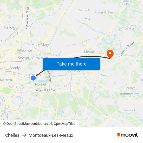 Chelles to Montceaux-Les-Meaux map