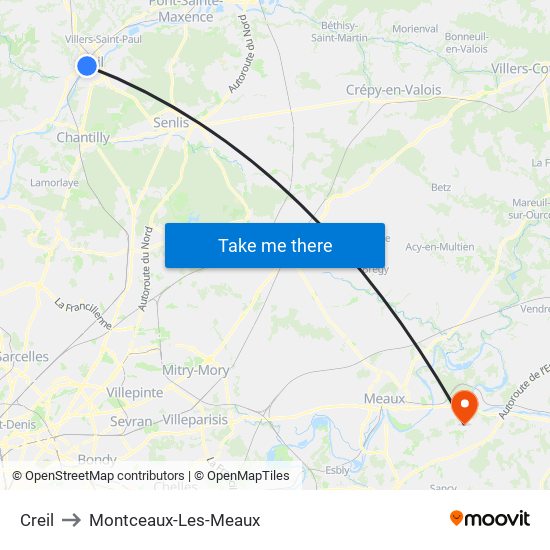 Creil to Montceaux-Les-Meaux map