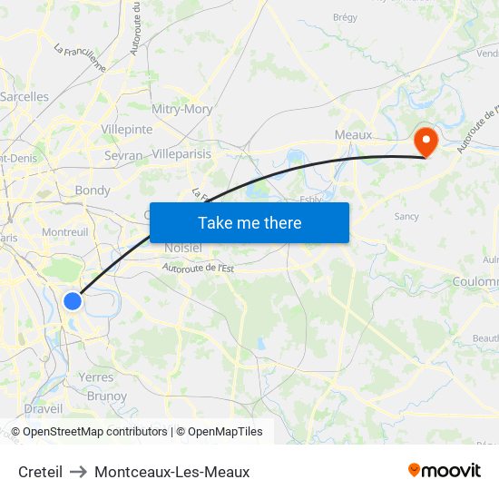 Creteil to Montceaux-Les-Meaux map
