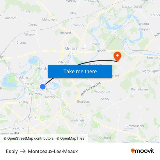 Esbly to Montceaux-Les-Meaux map