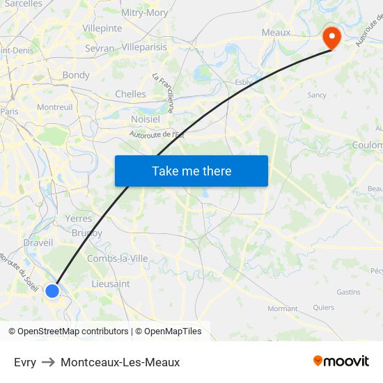 Evry to Montceaux-Les-Meaux map