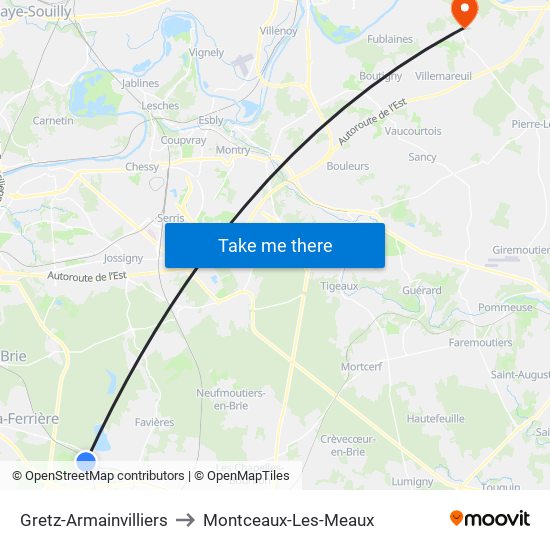 Gretz-Armainvilliers to Montceaux-Les-Meaux map