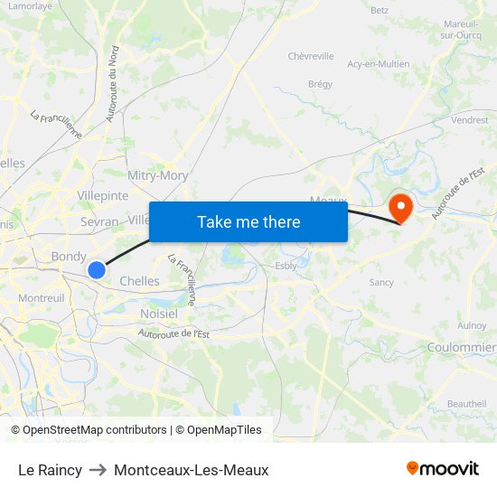 Le Raincy to Montceaux-Les-Meaux map