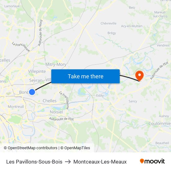 Les Pavillons-Sous-Bois to Montceaux-Les-Meaux map