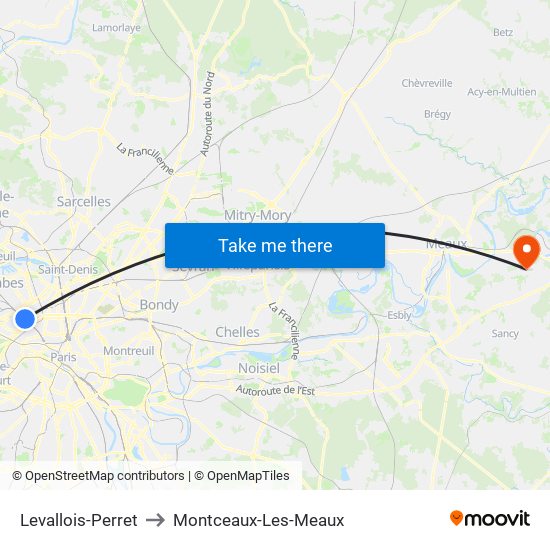 Levallois-Perret to Montceaux-Les-Meaux map