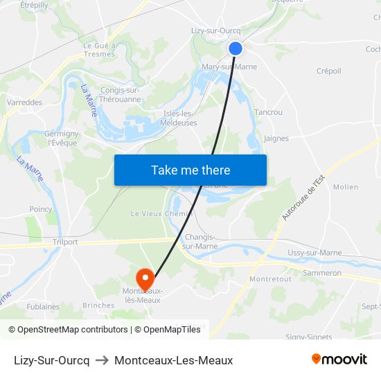 Lizy-Sur-Ourcq to Montceaux-Les-Meaux map