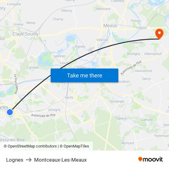 Lognes to Montceaux-Les-Meaux map