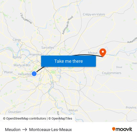 Meudon to Montceaux-Les-Meaux map