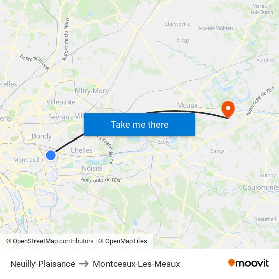 Neuilly-Plaisance to Montceaux-Les-Meaux map