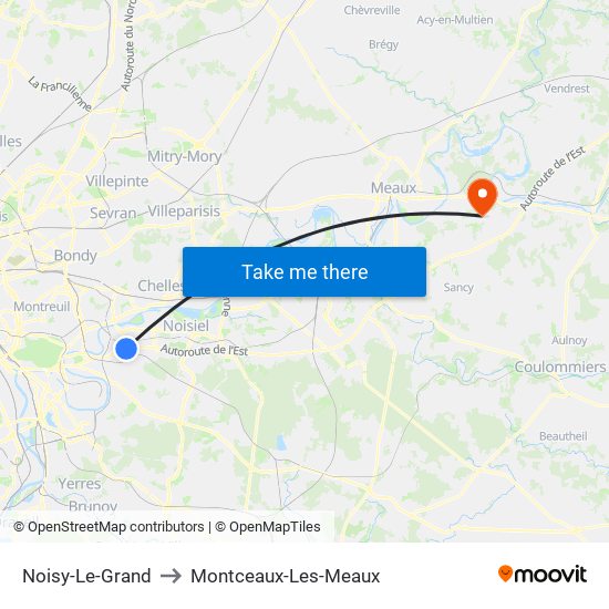 Noisy-Le-Grand to Montceaux-Les-Meaux map