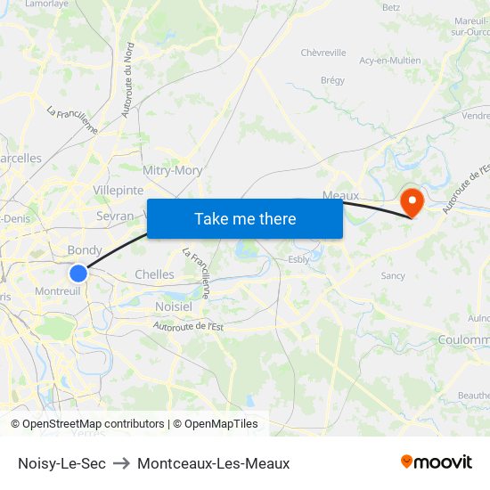 Noisy-Le-Sec to Montceaux-Les-Meaux map