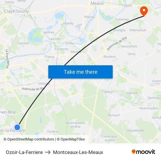Ozoir-La-Ferriere to Montceaux-Les-Meaux map
