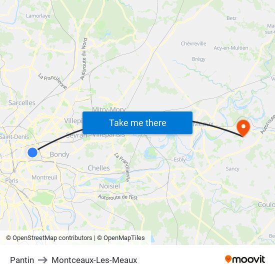 Pantin to Montceaux-Les-Meaux map