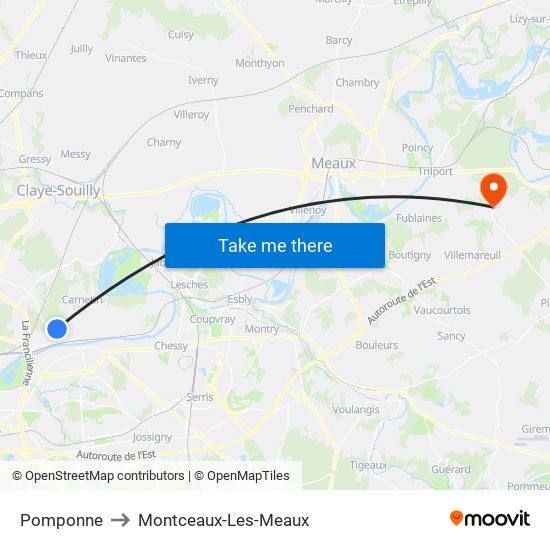 Pomponne to Montceaux-Les-Meaux map