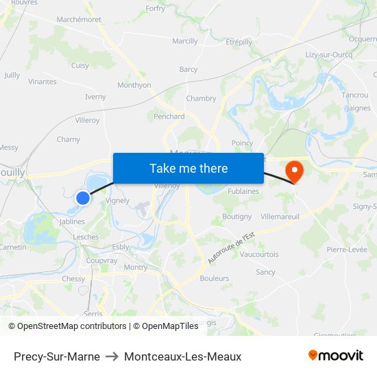 Precy-Sur-Marne to Montceaux-Les-Meaux map