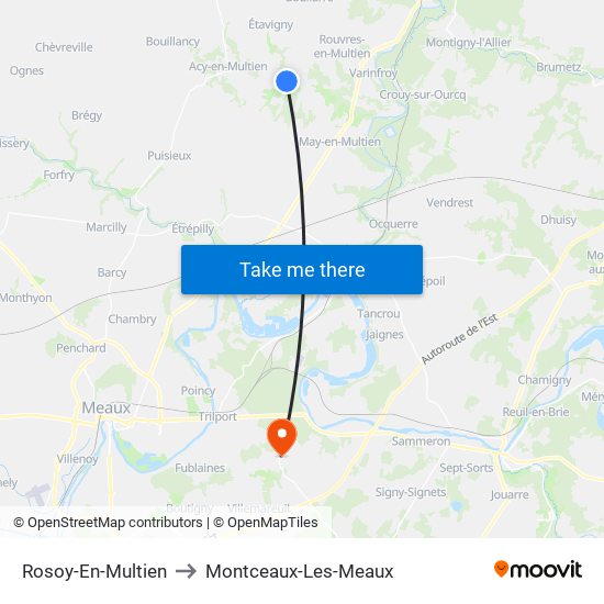 Rosoy-En-Multien to Montceaux-Les-Meaux map