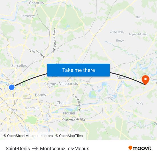 Saint-Denis to Montceaux-Les-Meaux map