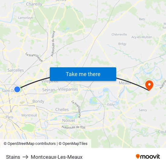 Stains to Montceaux-Les-Meaux map