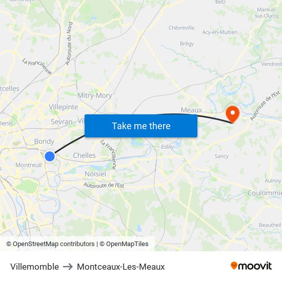 Villemomble to Montceaux-Les-Meaux map