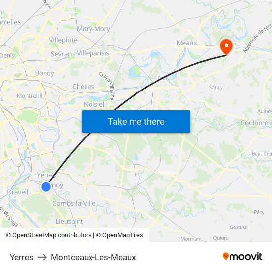 Yerres to Montceaux-Les-Meaux map