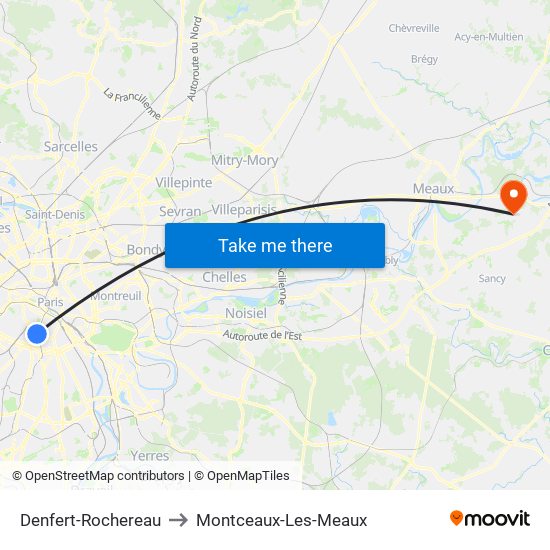 Denfert-Rochereau to Montceaux-Les-Meaux map