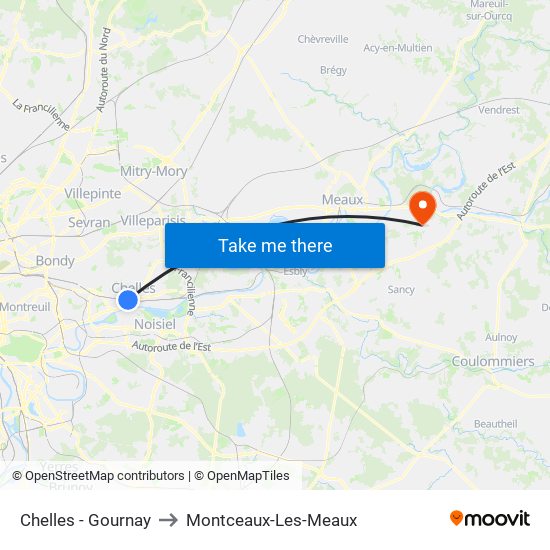 Chelles - Gournay to Montceaux-Les-Meaux map