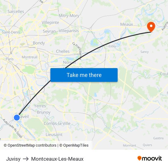 Juvisy to Montceaux-Les-Meaux map