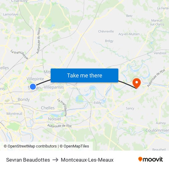 Sevran Beaudottes to Montceaux-Les-Meaux map