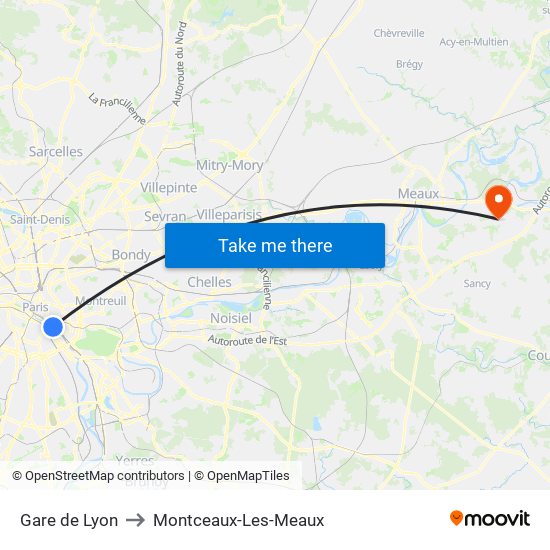 Gare de Lyon to Montceaux-Les-Meaux map