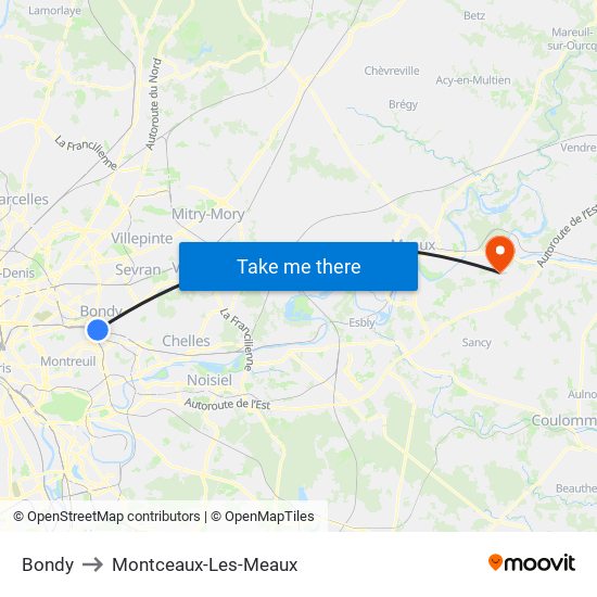 Bondy to Montceaux-Les-Meaux map