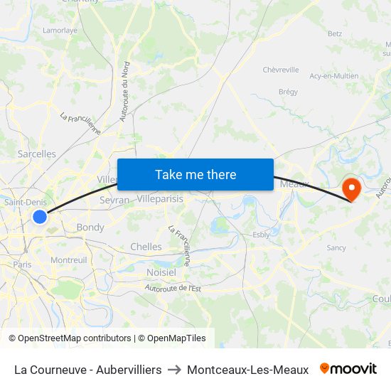 La Courneuve - Aubervilliers to Montceaux-Les-Meaux map