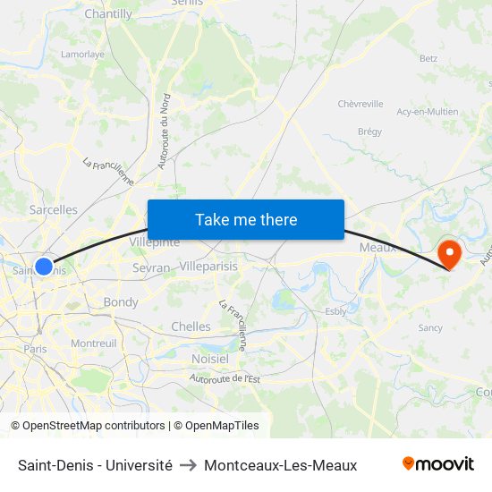 Saint-Denis - Université to Montceaux-Les-Meaux map