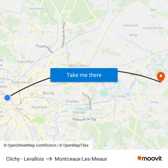 Clichy - Levallois to Montceaux-Les-Meaux map