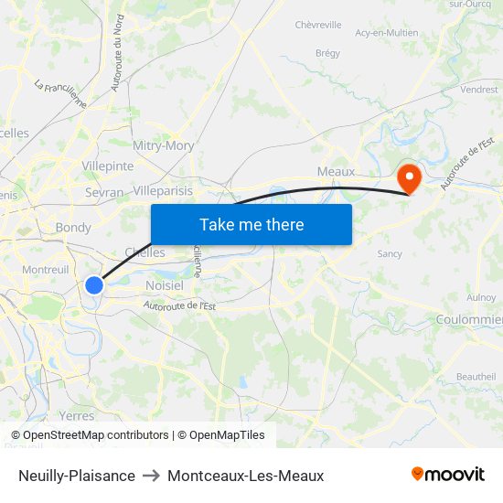 Neuilly-Plaisance to Montceaux-Les-Meaux map