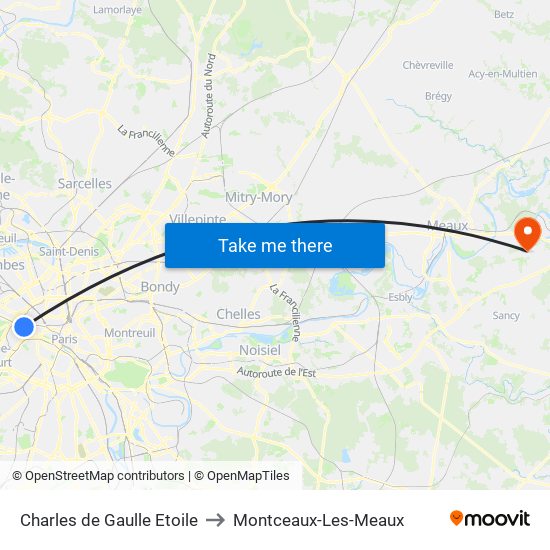 Charles de Gaulle Etoile to Montceaux-Les-Meaux map