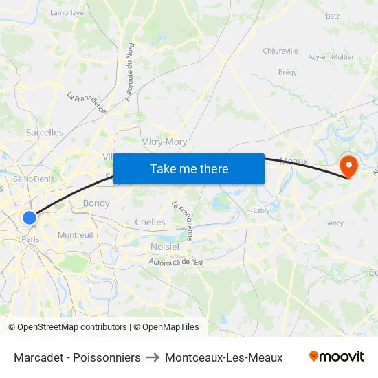 Marcadet - Poissonniers to Montceaux-Les-Meaux map