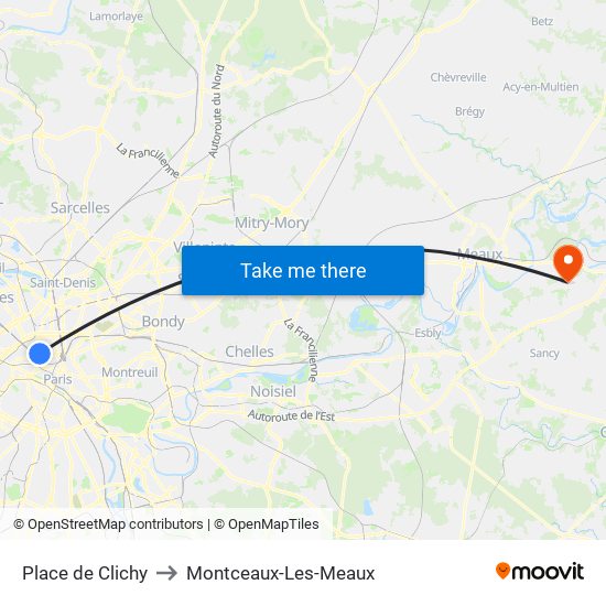 Place de Clichy to Montceaux-Les-Meaux map