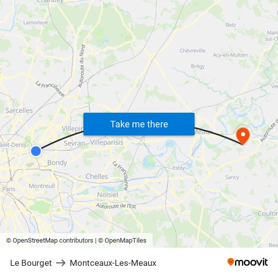 Le Bourget to Montceaux-Les-Meaux map